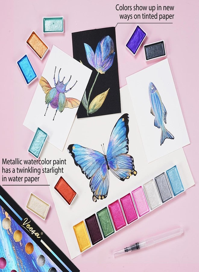VEESA Metallic Watercolor Paint, Valentines Gifts, 18 Pigment Rich Colors + 2 Waterbrushes, XL Pans, Starry Series Water Color for Professionals Artists & Crafters - Image 2